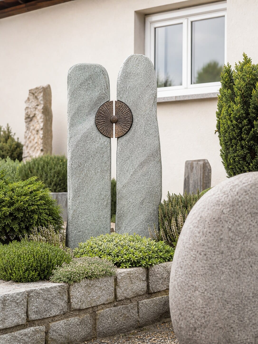 Zweiteiliges Grabmal aus Naturstein mit Bronzeornament