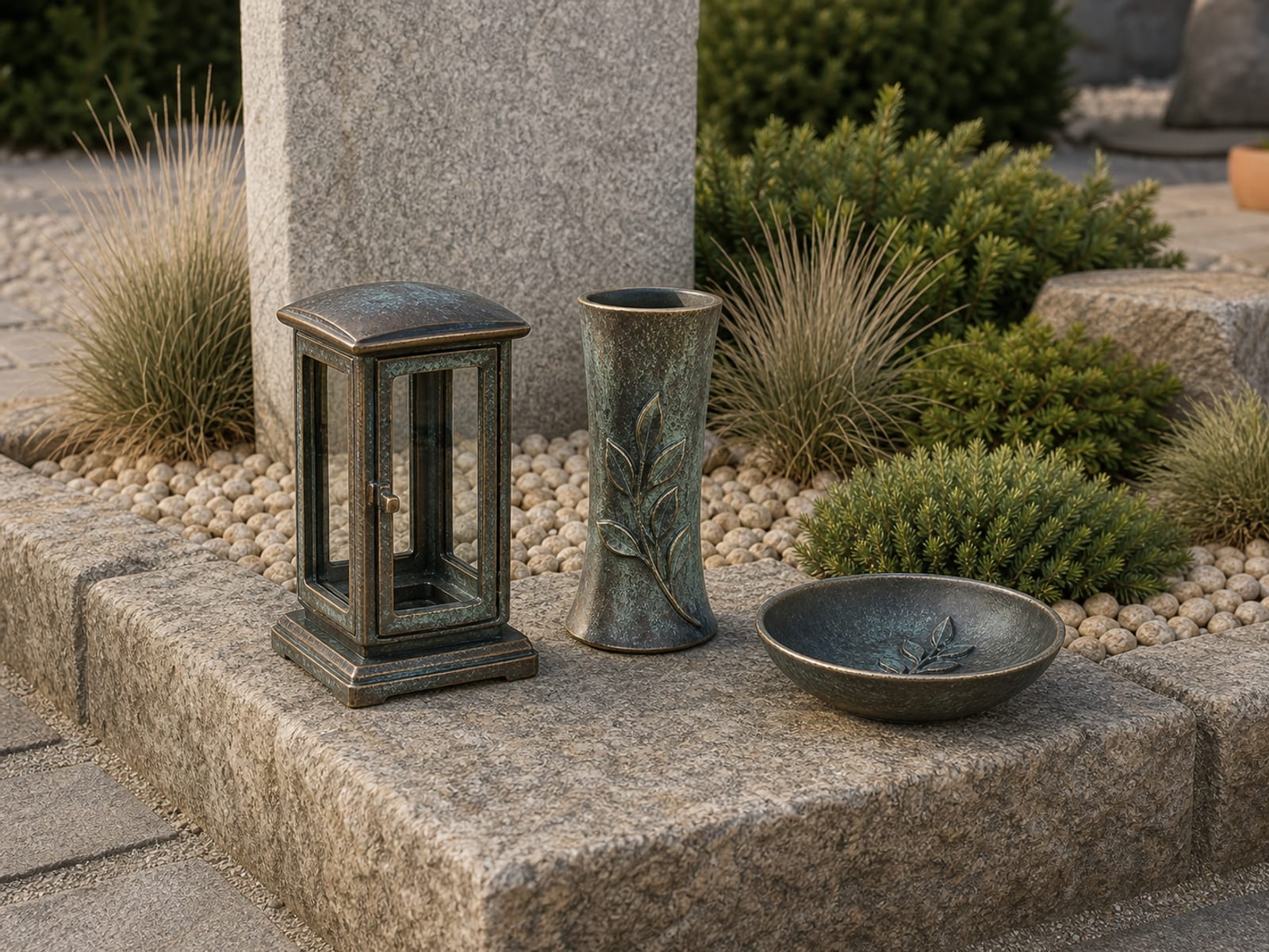 Grablaterne, Vase und Schale aus Bronze auf einer Naturstein-Grabstätte