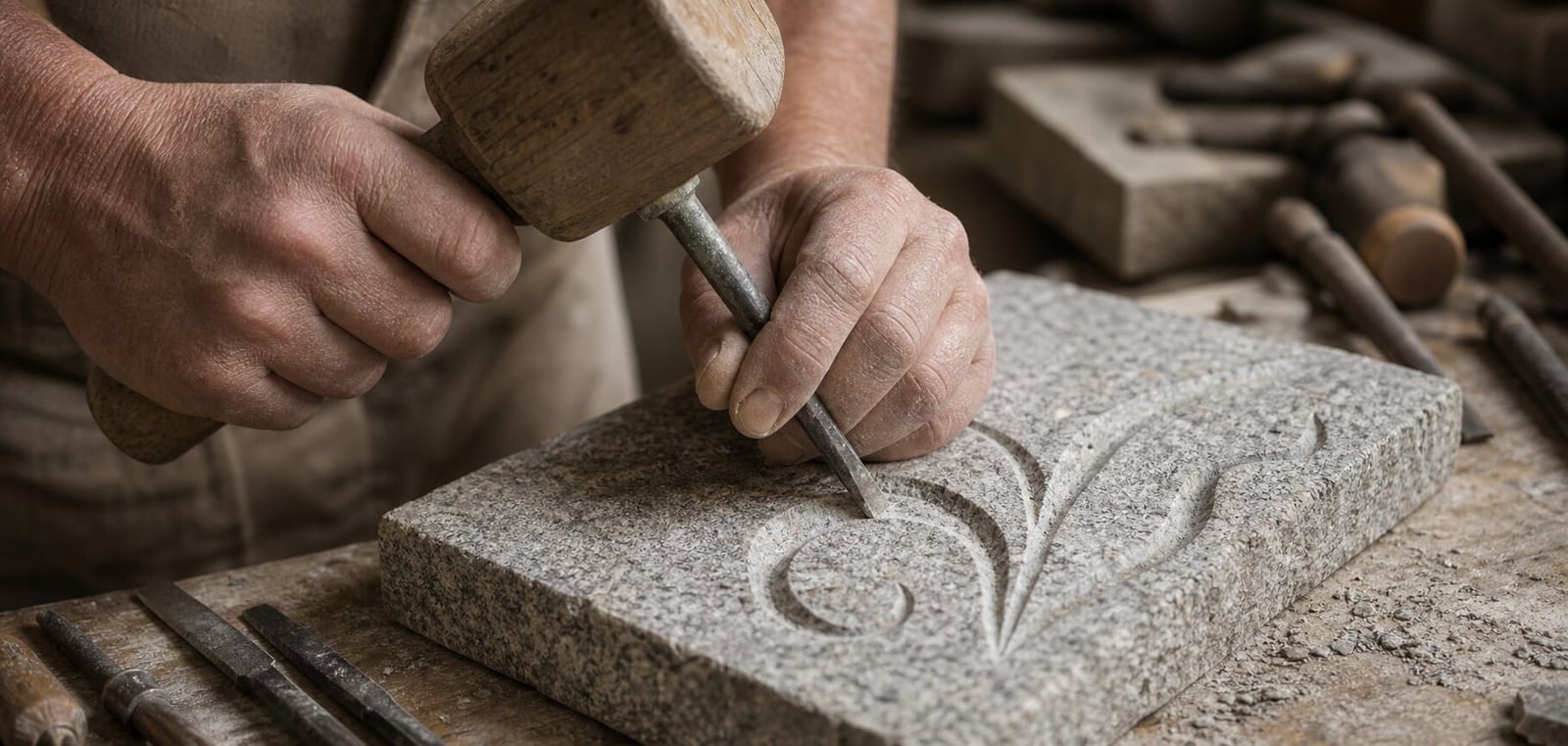 Hände arbeiten mit dem Meißel ein Ornament in Stein