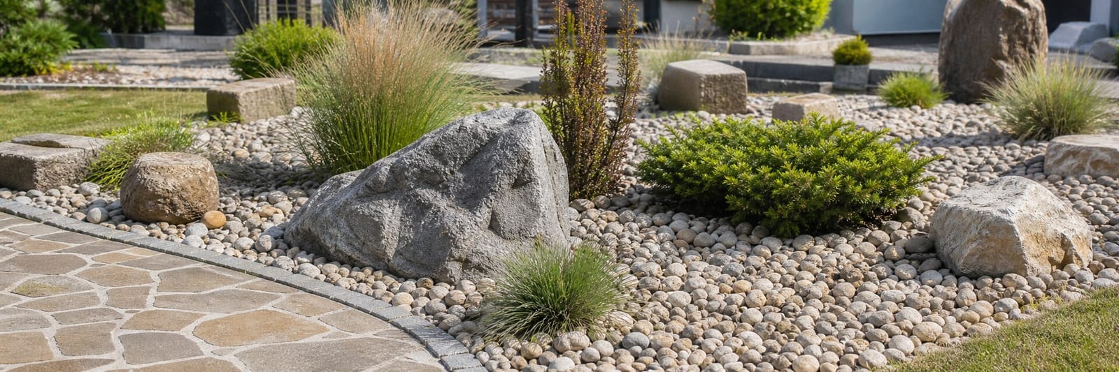 Findlinge und Natursteine in einer Gartenanlage